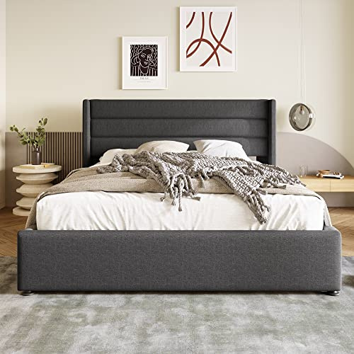 Abosbeet Doppelbett Stauraumbett Hydraulisch 180x200cm Grau Leinen – Polsterkopfteil, Holz+Metall-Lattenrost, 226kg Tragfähigkeit, Ohne Boxspring