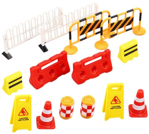 MUSISALY Jouet 14 Pièces Miniature Panneaux de Signalisation Routière | Plastique, Cônes et Barrières Miniatures, pour Chantier et Maquette, Aide Éducative Code