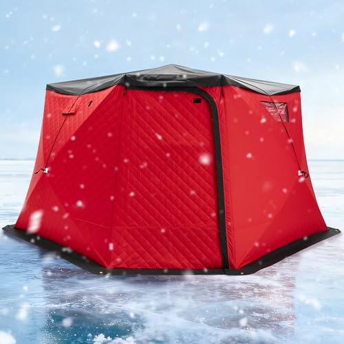 Albott Insulated Pop-Up Ice Fishing Tent, Large Ice Shanty for 6–8 Person, 3-Layer Oxford Fabric, Chimney Vent, Anchors & Ropes, Waterproof Rain Cover, Carry Bag, Insulated Warm Fishing Area
