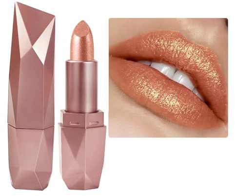 Shimmer Pink Metallic Pearl Glitter Lipstick, Long Lasting Full Coverage, Moisturizing & Waterproof, Silky Smooth Creamy Texture, High-Shine Sparkle Lip Makeup for Women (03)
