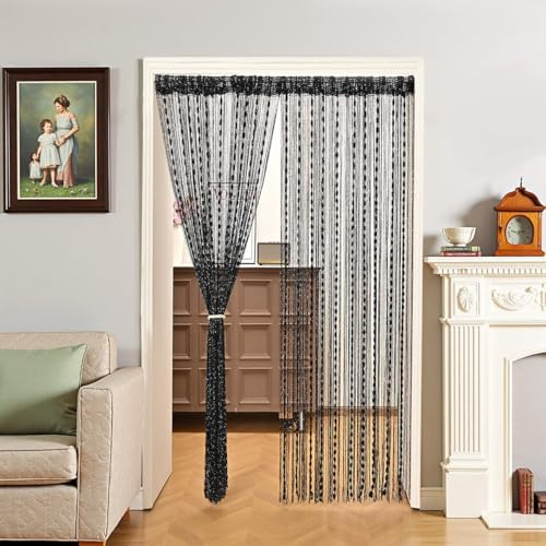 Daliena Fadenvorhang Insektenschutz Türvorhang Lang BxH 100x200cm Schwarz | Scheibenvorhänge Modern Fliegenvorhang, Dekorative Gardine & Fadengardine für Terrassentür, Raumteiler, Hochzeit 1 Stück