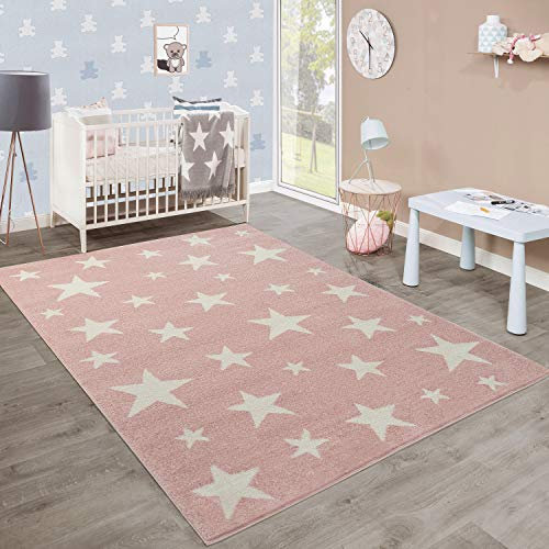Paco Home Moderner Kurzflor Kinderteppich Sternendesign Kinderzimmer Pastell Rosa Weiß, Grösse:160x220 cm