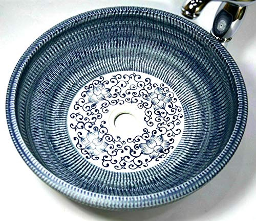 Waschschüssel für Badezimmer, Vintage-Stil, Keramik, Blumenmuster, blau