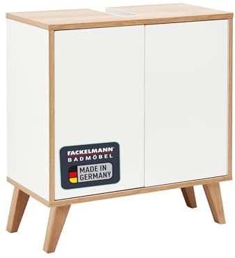 FACKELMANN Finn Waschbeckenunterschrank mit Füßen im Retrostil, 60 cm Breit, Front in mattem Weiß und Eichen-Optik, Push-to-Open Technik