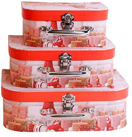 Mediablue Geschenkbox Aufbewahrungsbox Koffer mit Griff - Stabiler Karton - 3er Set (Wichtel Rot)