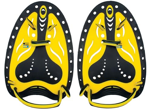 SEAC PRO, Hand Paddle per Il Nuoto, Pinne per Mani Regolabili Unisex Adulto, Nero/Giallo, L/XL
