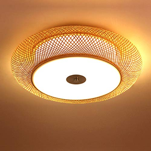 AHQX Retro Deckenleuchte Nostalgische Bambus Deckenlampe Log Farbe Handgewebte Deckenbeleuchtung Restaurant Schlafzimmerlampe Wohnzimmer Cafe Bar Küche Pendelleuchte Korridor Runde Hängeleuchte,40cm