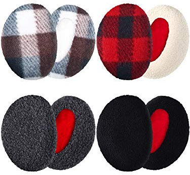 Geyoga 4 Pairs Bandless Ear Muffs Fleece Thick Winter Ear Covers Warmer Cold Weather for Women(Black,Grey,Plaid,Medium)