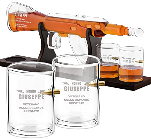 Maverton Decanter per whisky in vetro a forma di fucile | Incisione personalizzata, Caraffa in vetro da 800 ml + 4 bicchieri whisky da 300 ml, Set bicchieri, idea regalo uomo, 60 anni