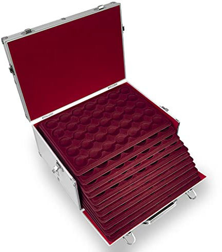 MC.Sammler Alu Münzenkoffer Münzkoffer inkl 11 Münztableaus für 385 STK 10, 20, 25 Euro, 10 DM Münzen in Kapseln bis 37,7mm (ohne Münzkapseln)