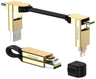 Rolling Square, inCharge X Schlüsselanhänger mit USB-C-Kabel, Universal-Smartphone-Kabel, Geschenk für Männer, Handy-Aufladegerät 6-in-1, technologisches Gadget, Gold, Lightning-Kabel 100 W