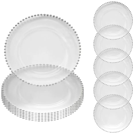 WedDecor Clear Glass Charger Plates with Silver Beads 33cm, 12pcs | Centerpiece Polypropylene Presentation Plate Set Dinner Table Decorations Weddings Christmas Dining Parties Tableware