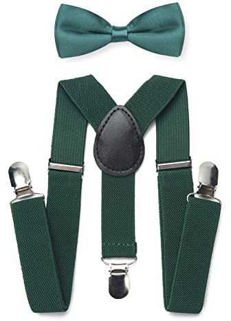 RSXING Kinder Hosenträger Fliege Sets - Jungen Hosenträger Fliege, Elastisch Y Gestalten mit Stark Clips Verstellbare Hosenträger Sets für Jungen, Kinder, Mädchen, Baby (dunkelgrün)