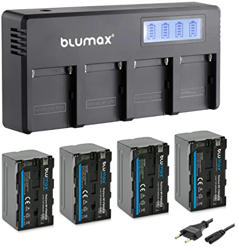 Blumax 4X Akku NP-F970 / NP-F750-6600mAh + LCD 4-Kanal Schnell-Ladegerät | kompatibel mit Sony NP-F570 NP-F960 für Blitzgeräte Videoleuchten Fieldmonitore