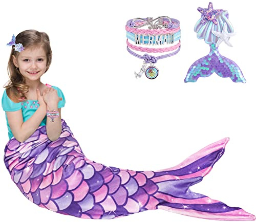 WERNNSAI Purple Mermaid Tail Blanket with Sequin Hairpin & Bracelet