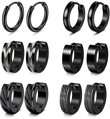 Adramata 6 Paare Herren Ohrringe Edelstahl Creolen Hoops Earrings Set Ohrringe Männer Frauen Knorpel Helix Piercing Ohr Mode Punk Ohrringe Creolen Schwarz Ohrringe für Herren Damen