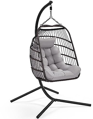 Yaheetech Rattan Egg Swing Chair, Garden Patio Swing Chair, Indoor/Outdoor Hanging Hammock with Cushion & Cover, Sturdy Steel Frame, Capacity 159 kg, Black & Grey