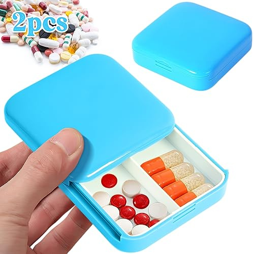 NOCHME Tablettenbox Klein Pillendose Unterwegs 2 Stück 2 Fächer Einhandschieber Kompakte Pillenbox Morgens Abends Tragbar Medikamentenbox Für Reise Täglichen Gebrauch, Blau