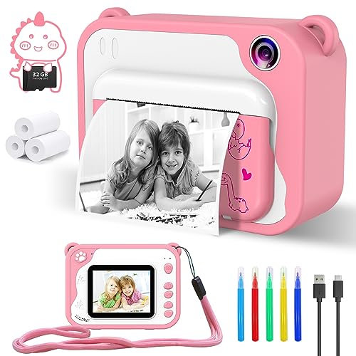 CHAKEYAKE Kids Digital Camera, 1080P Video Camera for Kids with 32GB SD Card, 2.4 Inch Screen, 5 Color Pen & 3 Print Paper Birthday Christmas Toys Gifts for 3-12 Year Old Girls Boys (Pink)