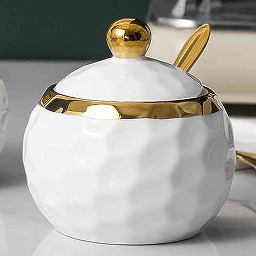 Zuccheriera in porcellana da golf, contenitore per sale con coperchio e cucchiaio, confezione da 1, scatola moderna per spezie, barattolo per condimenti, bianco e oro