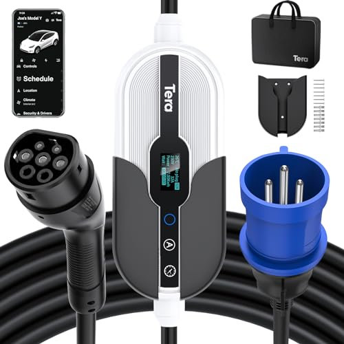 Tera Smart EV-Cargador portátil 7,6 kW Tipo 2 Solo para Uso en Interiores CE&TüV 16-32A&App WLAN Bluetooth portátil o montado en la Pared Cable 7 Metros Enchufe monofásico CEE Blanco