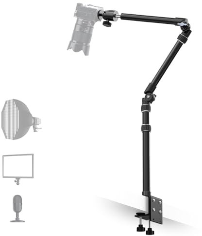 【All Metal】RAUBAY Desktop Magic Arm, Overhead Camera Desk Mount, Table Light Stand with 1/4“ Ball Head, 3/8 & 5/8 Adapter, C Clamp, Retractable Boom Arm for DSLR, Webcam, Microphone, Projector DMA01