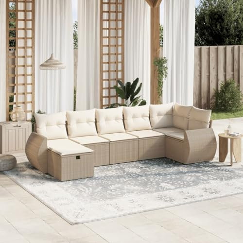 Rantry 7-TLG. Gartensofa Set mit Kissen Gartenlounge Loungesofa Gartenmöbel Balkonmöbel Ecklounge Ecksofa Loungemöbel Sitzgruppe für Garten Terrasse Balkon Beige Poly Rattan