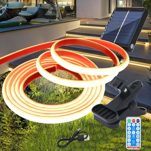 Wisada 12V Solar COB Neon Streifen Selbstklebend, 8 Modi Lichtband Außen IP68 Dimmbare Lichterkette, 2M 320LEDs/m Superheller Cuttable Naturweiß COB LED Band Mit Fernbedienung für Terrasse, Innenhof
