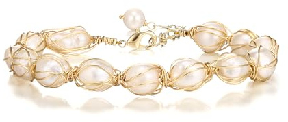 EVER FAITH barock pärlor armband 18K guld vintage sötvattenspärlor inslagna silke handgjorda justerbara charmarmband dekorativa bröllop brudsmycken för kvinnor, Kultured pearl