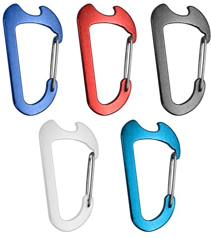Pack of 5 carabiner hooks, bottle opener, aluminium alloy carabiner key ring, suitable for camping, fishing, hiking or travel.