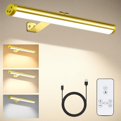 CANMEIJIA Kabellose Bilderleuchte mit Fernbedienung 2 in 1 Bild Beleuchtung Wiederaufladbare mit 3 Beleuchtungsmodi 45cm/17.72in Drahtlose Bilderleuchte LED Gold Für die Kunst der Malerei