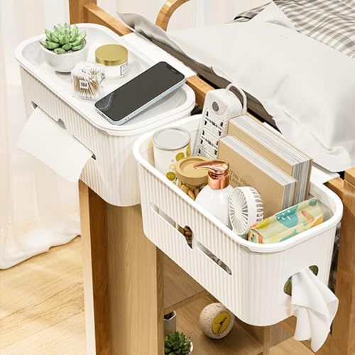Homieco Bett Organizer zum Einhängen mit Haken Betttaschen Aufbewahrungskorb Nachttisch Caddy Tasche für Buch Magazin Schlafsaal Büro Zuhause (Muster 3-Beige)