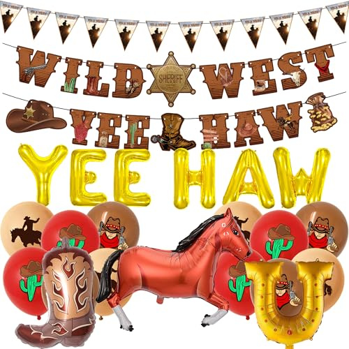 Yee-haw Western Cowboy Decoration Set - 24 PC Wild West Set | 24 Pcs Wild West Party Decor Triangle banner Hat Boots Yee Haw Horse Foil