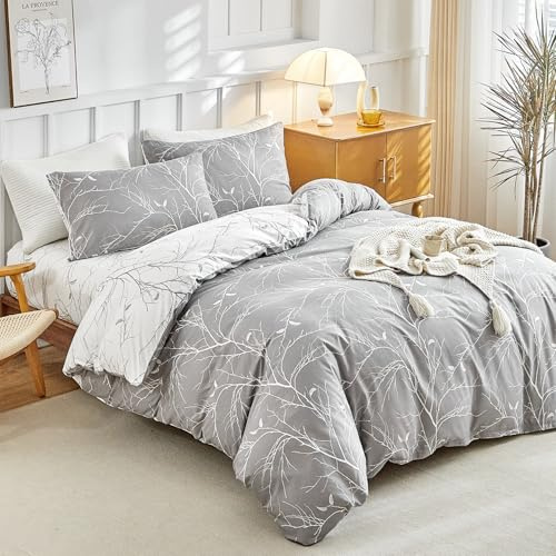 Tokokimo Funda Nórdica Cama 135/150 de 4 Piezas, Microfibra Funda Nordica 240x220 con Bajera Ajustable 150x200+35, 2 Fundas de Almohada 50x75, Ramas y Hojas Patrón, Gris/Blanco