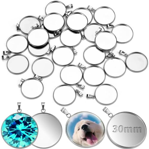 TXXATX 25 Stück Cabochon Rohlinge Kit 16mm Anhänger Rohlinge Silber Lünette Cabochon Rohlinge Leere Trays Runder Bezel für DIY Handwerk Schmuck Foto Getrocknete Blumen Glitzer Harz