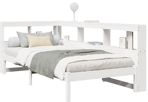 vidaXL Massivholzbett mit Regal ohne Matratze Weiß 100x200 cm Kiefer, Holzbett mit Regal, Massivholzbett mit Regal, Bett, Holzbett mit Bücherregal