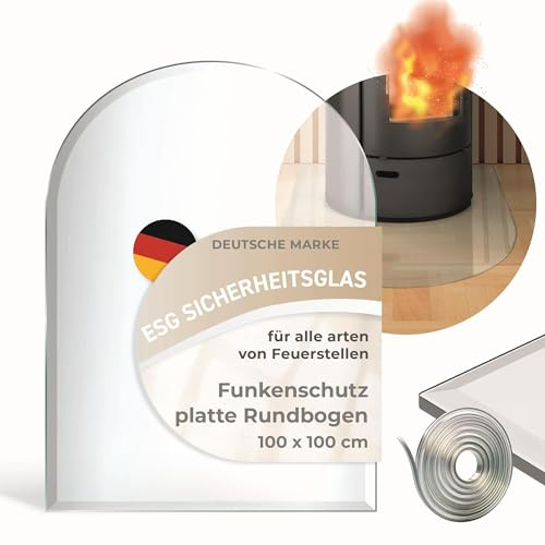 Funkenschutzplatte Glas Rundbogen 100x100cm – Glasplatte für Kaminofen - Kaminglas Zunge mit Dichtlippe - 8mm ESG Kamin Glasplatte mit Facettenschliff – Kaminschutz Feuerplatte für Kaminofen