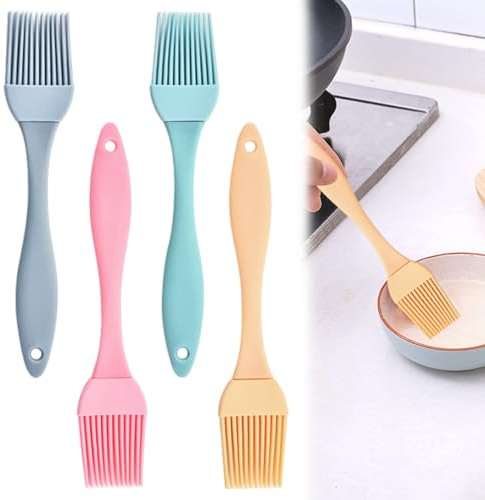 Silikon Pinsel für Backen,4 Stück Backpinsel Silikon,Silikonpinsel Küche,Küchenpinsel,Kochpinsel für BBQ, Grill, Backen, Kochen (Grau, Rosa, Aprikose, Blau)
