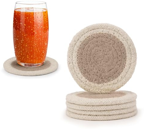 Encasa XO Tischuntersetzer Rund, Saugfähig 9 cm Beige | Handgefertigte Gerippte Baumwolle | Saugfähig & Hitzebeständig | Schützt Möbel vor Kratzern | 6er Set