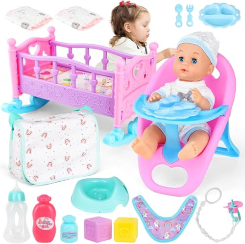 GirlDiary Interaktive Baby Puppe mit Zubehör, 13 Zoll bewegliche Puppe, Töpfchen, Bettchen, Stuhl, Kleidung & Fütter Set, Realistische Rollenspiel Puppen Geschenk ab 3 Jahren für Jungen & Mädchen