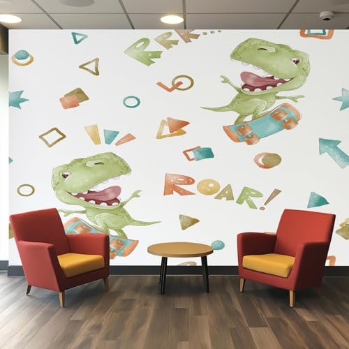 Generisch Tapete Wandbild Fototapete Dinosaurier, Cartoon Dino Mustertapete Tapete Wandtapete Wanddeko Design, Vliestapete, für Büro Flur der Fernseh Hintergrund Wand, Kunst Deko 450x315
