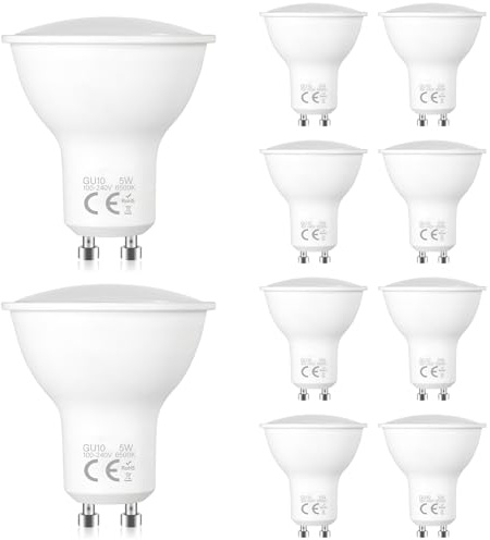 10 Pack Spots LED GU10 5W, Blanc Froid 6500K, Angle De Faisceau De 120 Degrés, équivalent à Une Ampoule Halogène De 50W, Faible Consommation D'énergie, Convient Aux Plafonniers, Spots Encastrés