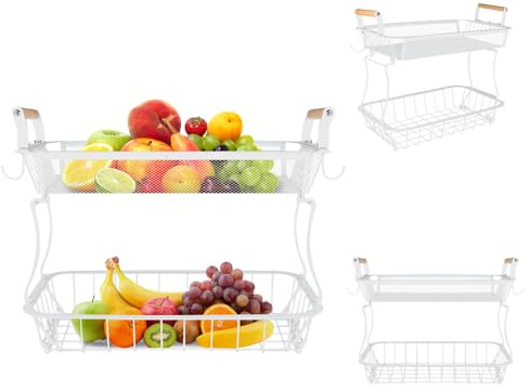 HUOLE Corbeille à Fruits et légumes pour comptoir de Cuisine, Panier de Rangement en Fil métallique Support de Fruits pour Pain collations, avec 2 cintres en forme de banane--37*22*33cm --Blanc