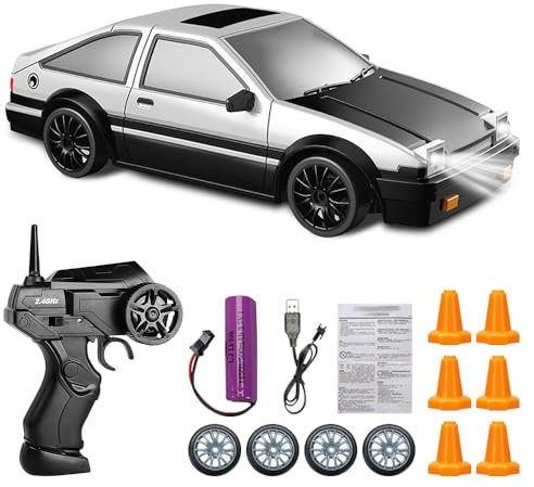 SGZIOO Voiture Télécommandée Drift, 1:24 Mini RC Drift Car Racing, 4WD Voiture Télécommandée avec Feux de Travail et Barricades, 45 KM/H, Cadeau de Jouet pour Les Enfants de Plus de 6 Ans et Adultes