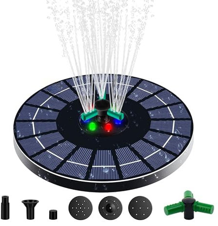 Meichoon Solar Springbrunnenpumpe mit LED-Licht 4W mit 6 regulären Düsen 1 rotierende Düse für Vogeltränke Garten Pool Teich