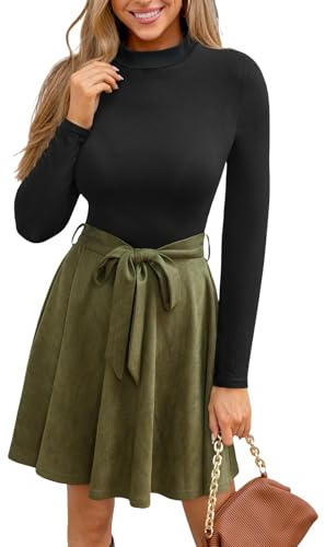 CUPSHE Damen Herbst Winter Kleid Rundhals Langarm Zweifarbig Freizeitkleider mit Bindegürtel Elegant Party Mini Dress Olivgrün XL