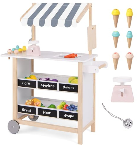 COSTWAY Kinder Eiswagen mit 6 Eiscreme, Kaufladen Holz mit 2 Ablagen, Einkaufswagen auf Rollen, inkl. Waage und Glocke, für Kinder ab 3 Jahren (Grau)
