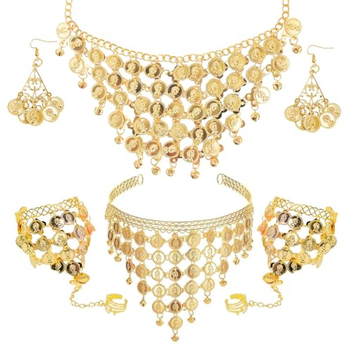 Accesorios para Danza del Vientre, Conjunto de Joyas Estilo Bollywood con Collar, Pulsera, Tocado y Pendientes para Mujer para Carnavales Fiestas