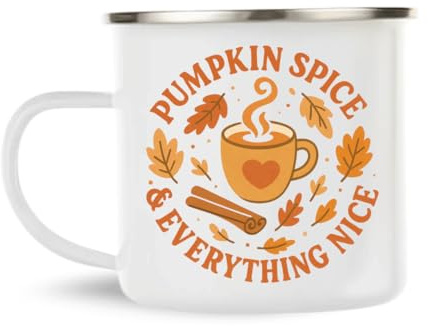 Especia de calabaza y todo lo agradable taza – Taza de café de esmalte de otoño lindo – Cozy Autumn Aesthetic Cup for Pumpkin Lovers – Lindo regalo de Halloween para las mujeres – Taza Enabel Fall
