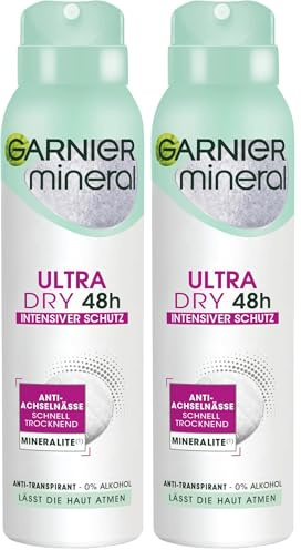 Garnier Desodorante en aerosol, antitranspirante, protección intensa contra el olor corporal y la humedad de las axilas, hasta 48 h de efecto, Mineral UltraDry (Paquete de 2)